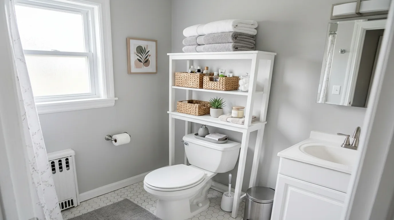 Use baskets to control visual clutter quickly inspiration for an organized bathroom.